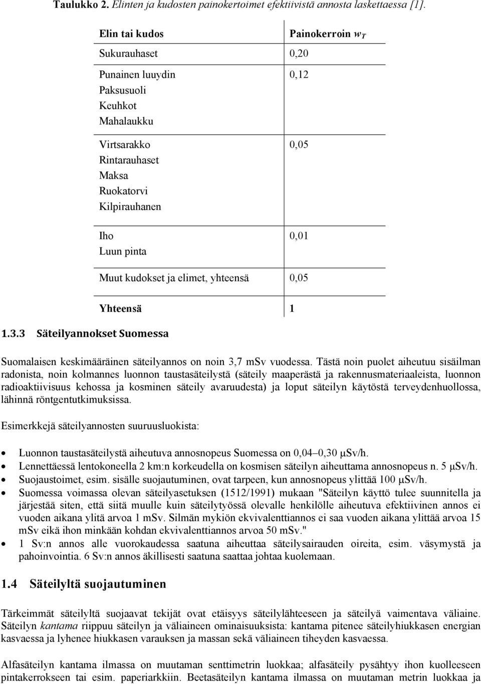 ja elimet, yhteensä 0,05 1.3.3 Säteilyannokset Suomessa Yhteensä 1 Suomalaisen keskimääräinen säteilyannos on noin 3,7 msv vuodessa.