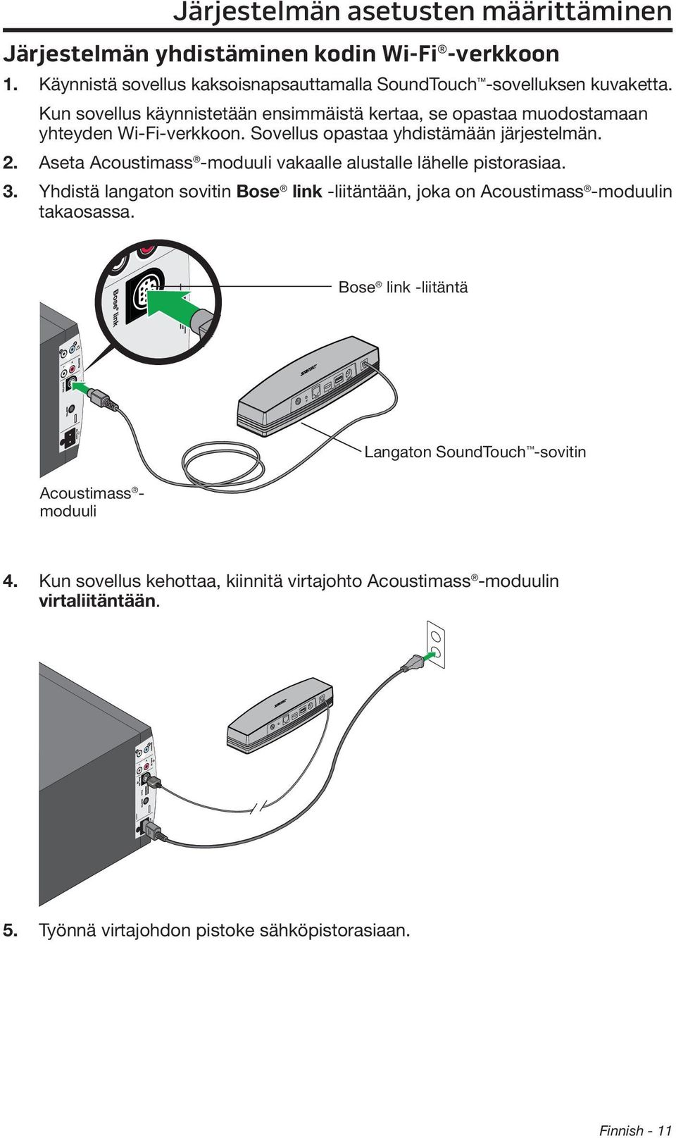 Aseta Acoustimass -moduuli vakaalle alustalle lähelle pistorasiaa. 3. Yhdistä langaton sovitin Bose link -liitäntään, joka on Acoustimass -moduulin takaosassa.