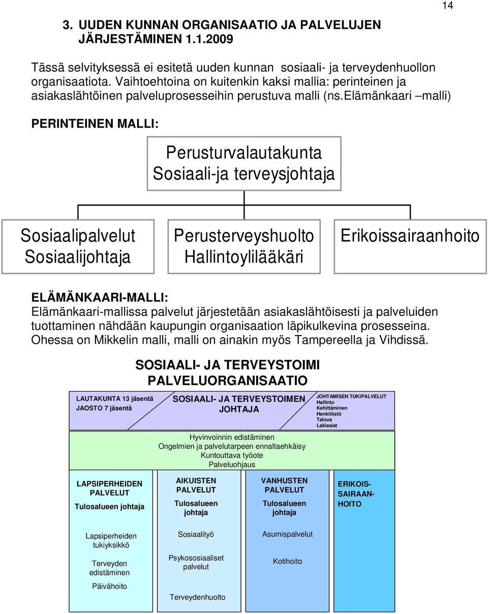 elämänkaari malli) PERINTEINEN MALLI: Perusturvalautakunta Sosiaali-ja terveysjohtaja Sosiaalipalvelut Sosiaalijohtaja Perusterveyshuolto Hallintoylilääkäri Erikoissairaanhoito ELÄMÄNKAARI-MALLI: