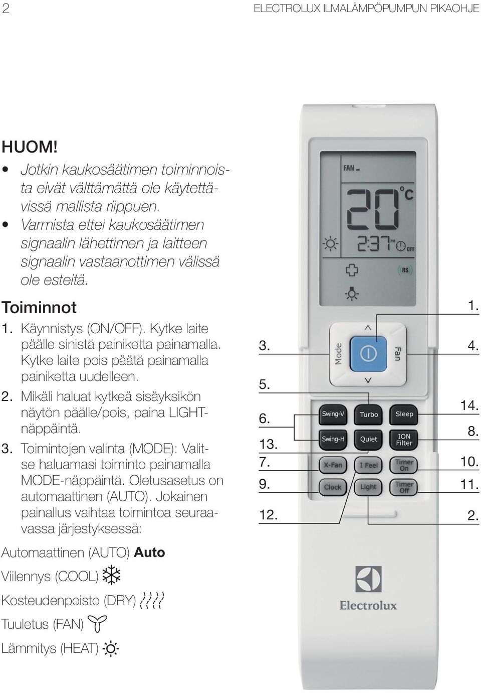 Kytke laite pois päätä painamalla painiketta uudelleen. 2. Mikäli haluat kytkeä sisäyksikön näytön päälle/pois, paina LIGHTnäppäintä. 3.