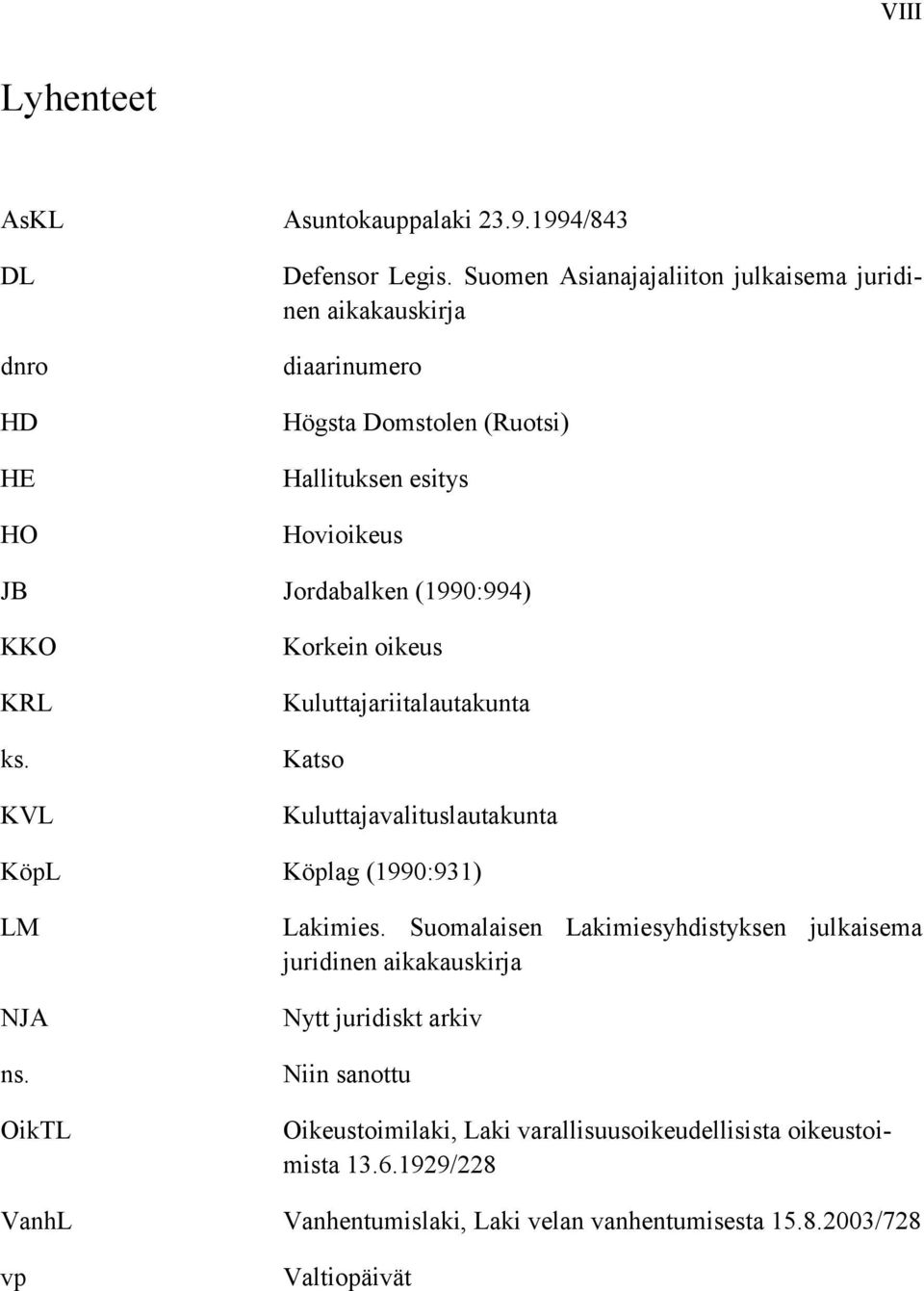KRL ks. KVL Korkein oikeus Kuluttajariitalautakunta Katso Kuluttajavalituslautakunta KöpL Köplag (1990:931) LM NJA ns. OikTL Lakimies.