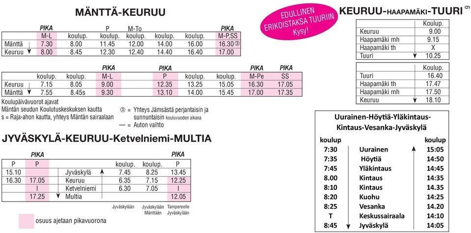 35 Koulupäivävuorot ajavat Mäntän seudun Koulutuskeskuksen kautta s = Raja-ahon kautta, yhteys Mäntän sairaalaan 3 = Yhteys Jämsästä perjantaisin ja sunnuntaisin kouluvuoden aikana = Auton vaihto