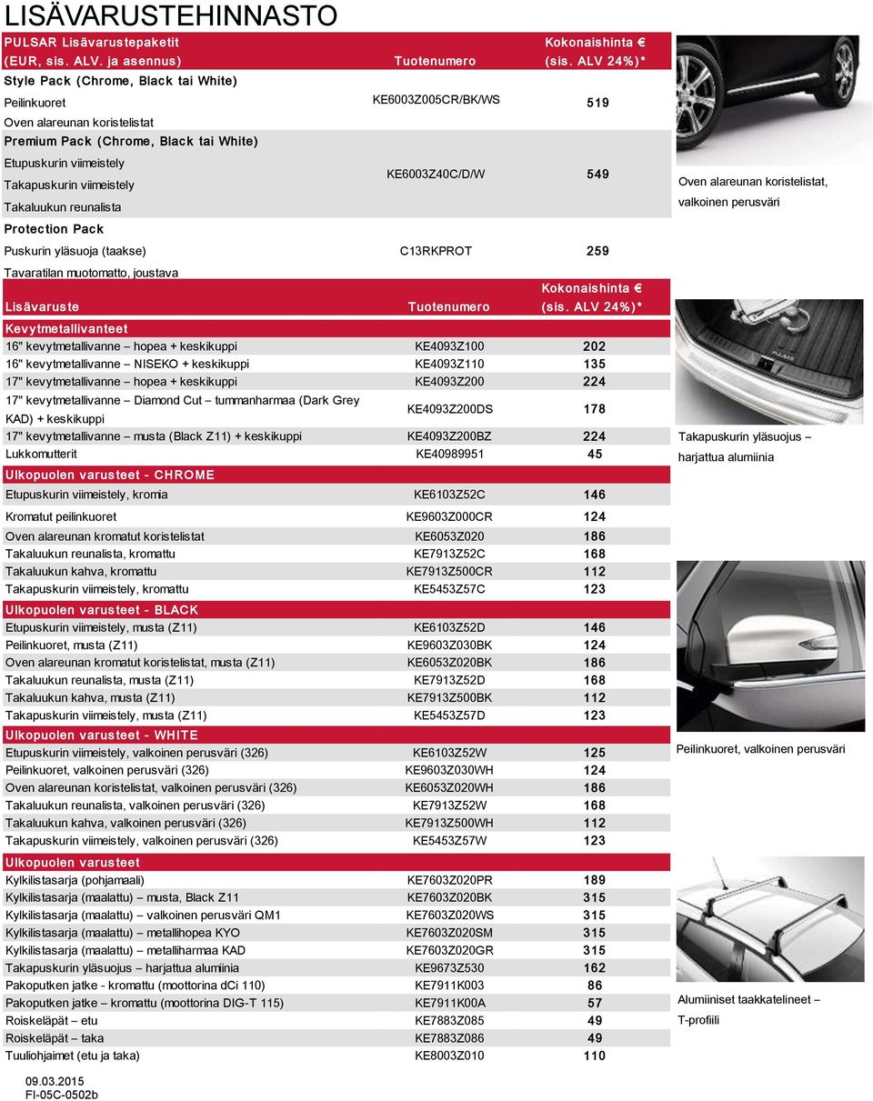 viimeistely Takaluukun reunalista KE6003Z40C/D/W 549 Oven alareunan koristelistat, valkoinen perusväri Protec tion Pac k Puskurin yläsuoja (taakse) C13RKPROT 259 Tavaratilan muotomatto, joustava Lis