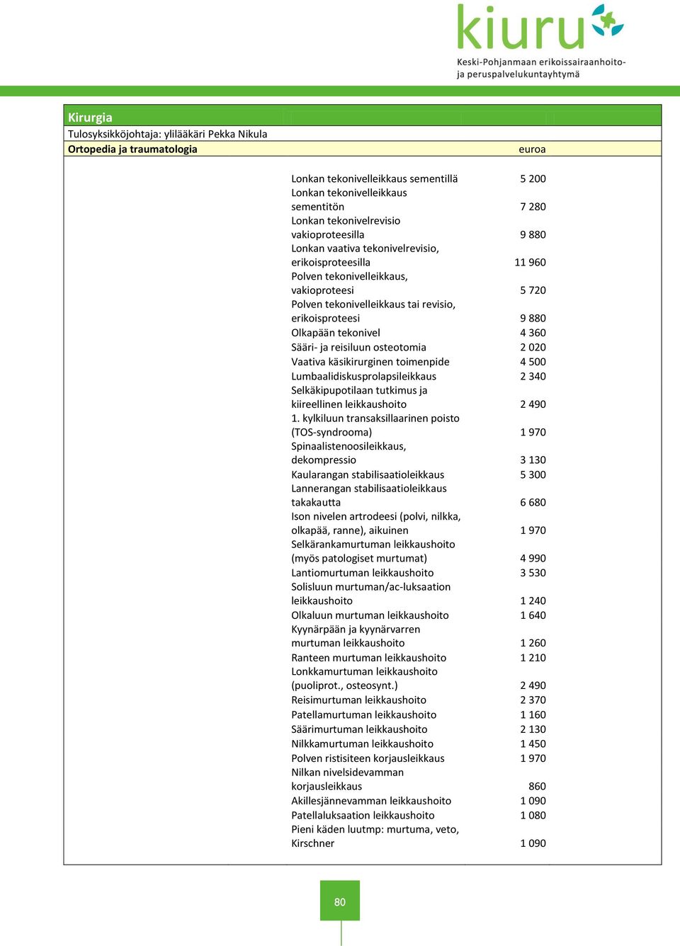 Sääri- ja reisiluun osteotomia 2 020 Vaativa käsikirurginen toimenpide 4 500 Lumbaalidiskusprolapsileikkaus 2 340 Selkäkipupotilaan tutkimus ja kiireellinen leikkaushoito 2 490 1.