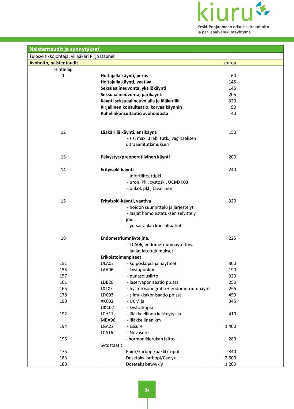 ensikäynti 150 - sis. max. 3 lab. tutk., vaginaalisen ultraäänitutkimuksen 13 Päivystys/preoperatiivinen käynti 200 14 Erityispkl-käynti 240 - infertiliteettipkl - uron. Pkl, cystosk.