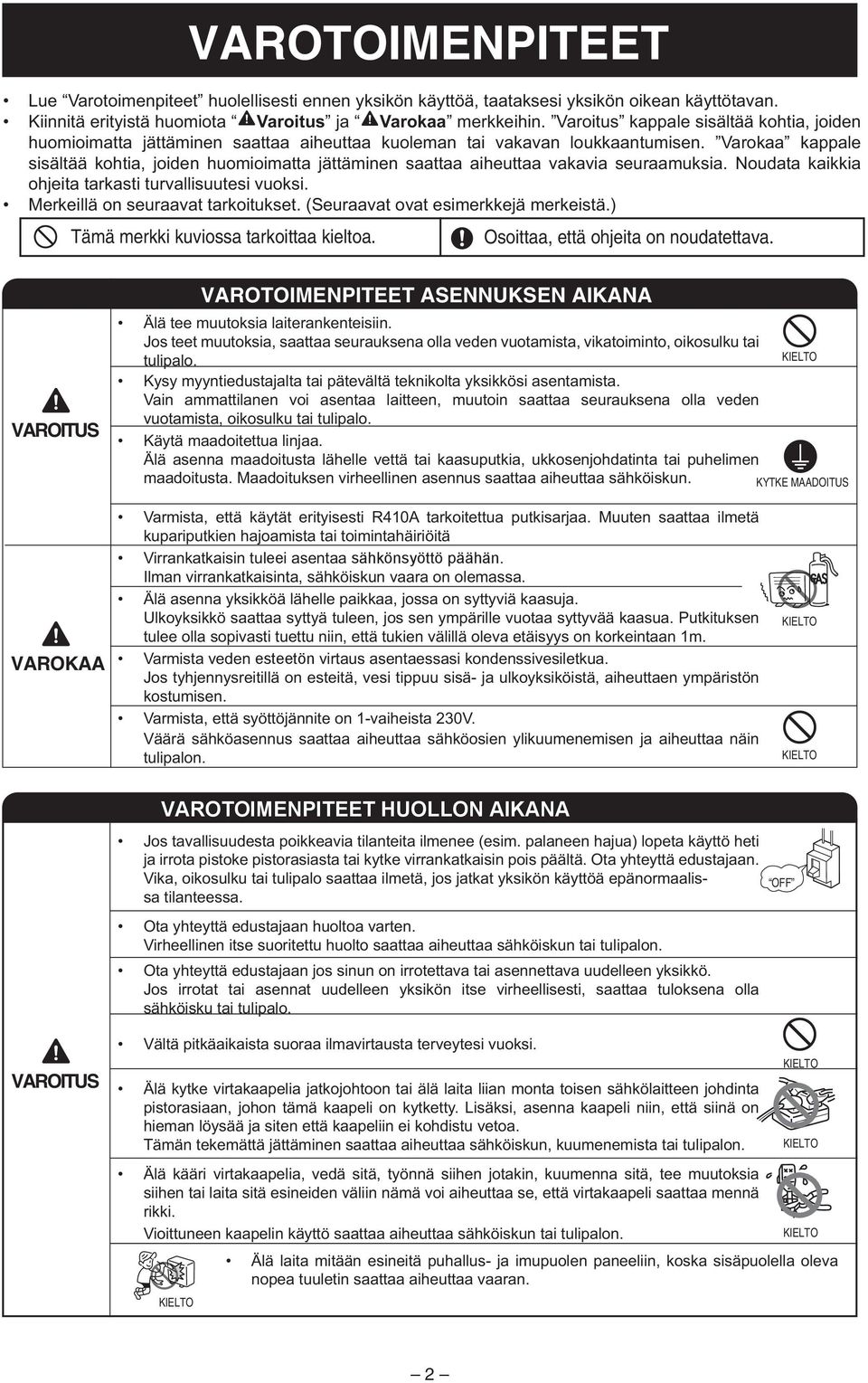 Varokaa kappale sisältää kohtia, joiden huomioimatta jättäminen saattaa aiheuttaa vakavia seuraamuksia. Noudata kaikkia ohjeita tarkasti turvallisuutesi vuoksi. Merkeillä on seuraavat tarkoitukset.