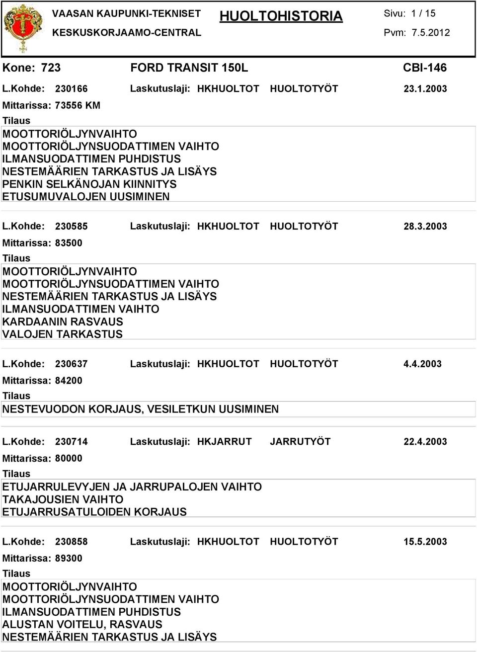 4.2003 84200 NESTEVUODON KORJAUS, VESILETKUN UUSIMINEN L.Kohde: 230714 Laskutuslaji: HKJARRUT JARRUTYÖT 22.4.2003 80000 ETUJARRULEVYJEN JA JARRUPALOJEN VAIHTO TAKAJOUSIEN VAIHTO ETUJARRUSATULOIDEN KORJAUS L.