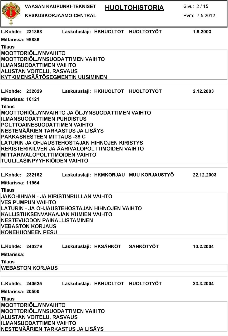 MITTARIVALOPOLTTIMOIDEN VAIHTO TUULILASINPYYHKIÖIDEN VAIHTO L.Kohde: 232162 Laskutuslaji: HKMKORJAU MUU KORJAUSTYÖ 22.12.