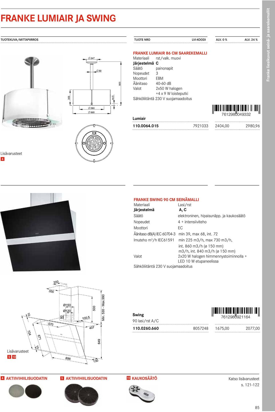 0064.015 7921033 2404,00 2980,96 Lisävarusteet 4 Franke Swing 90 cm seinämalli Lasi/rst A, C elektroninen, hipaisunäpp.