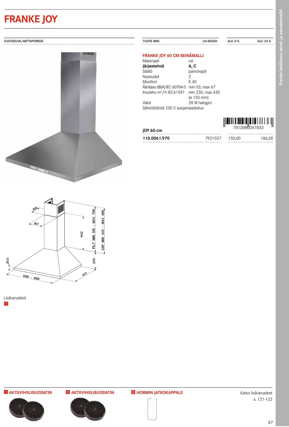 Imuteho m 3 /h IEC61591 min 230, max 430 (ø 150 mm) 28 W halogen Sähköliitäntä 230 V suojamaadoitus Franke liesikuvut seinä-