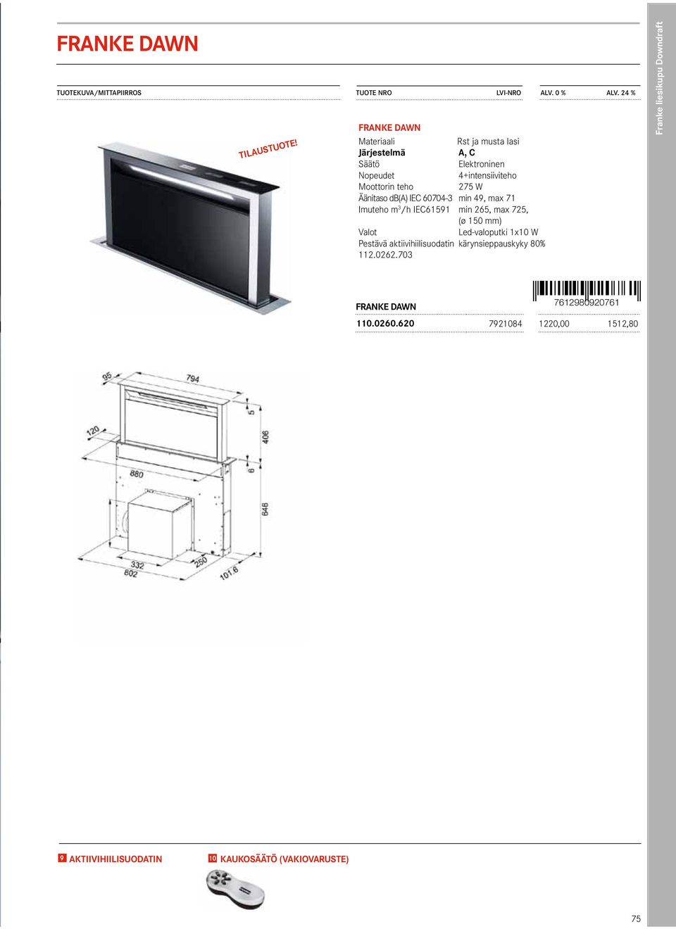 49, max 71 Imuteho m 3 /h IEC61591 min 265, max 725, (ø 150 mm) Led-valoputki 1x10 W Pestävä aktiivihiilisuodatin