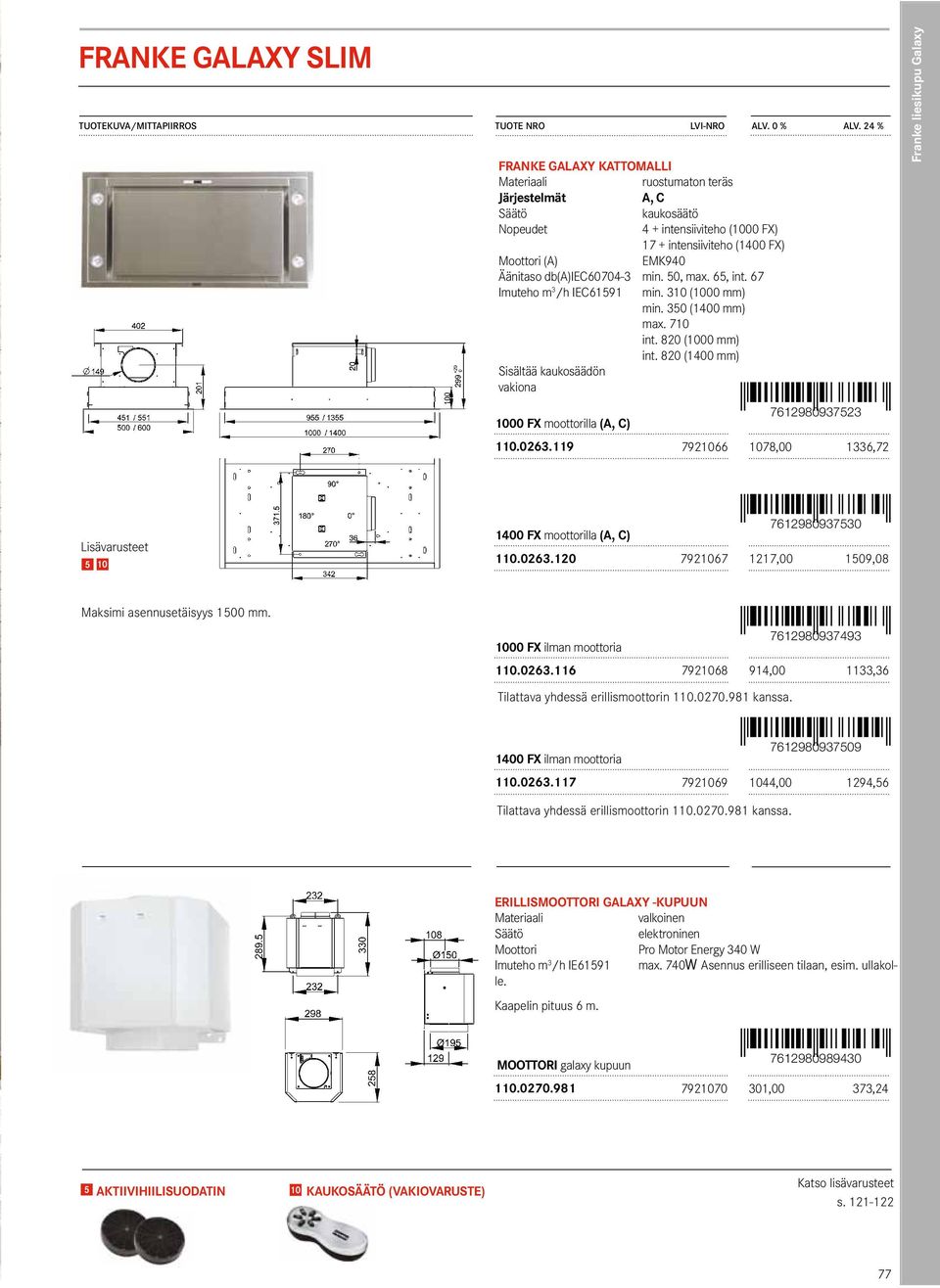 65, int. 67 Imuteho m 3 /h IEC61591 min. 310 (1000 mm) min. 350 (1400 mm) max. 710 int. 820 (1000 mm) int. 820 (1400 mm) Sisältää kaukosäädön vakiona 7612980937523 1000 FX moottorilla (A, C) 110.0263.