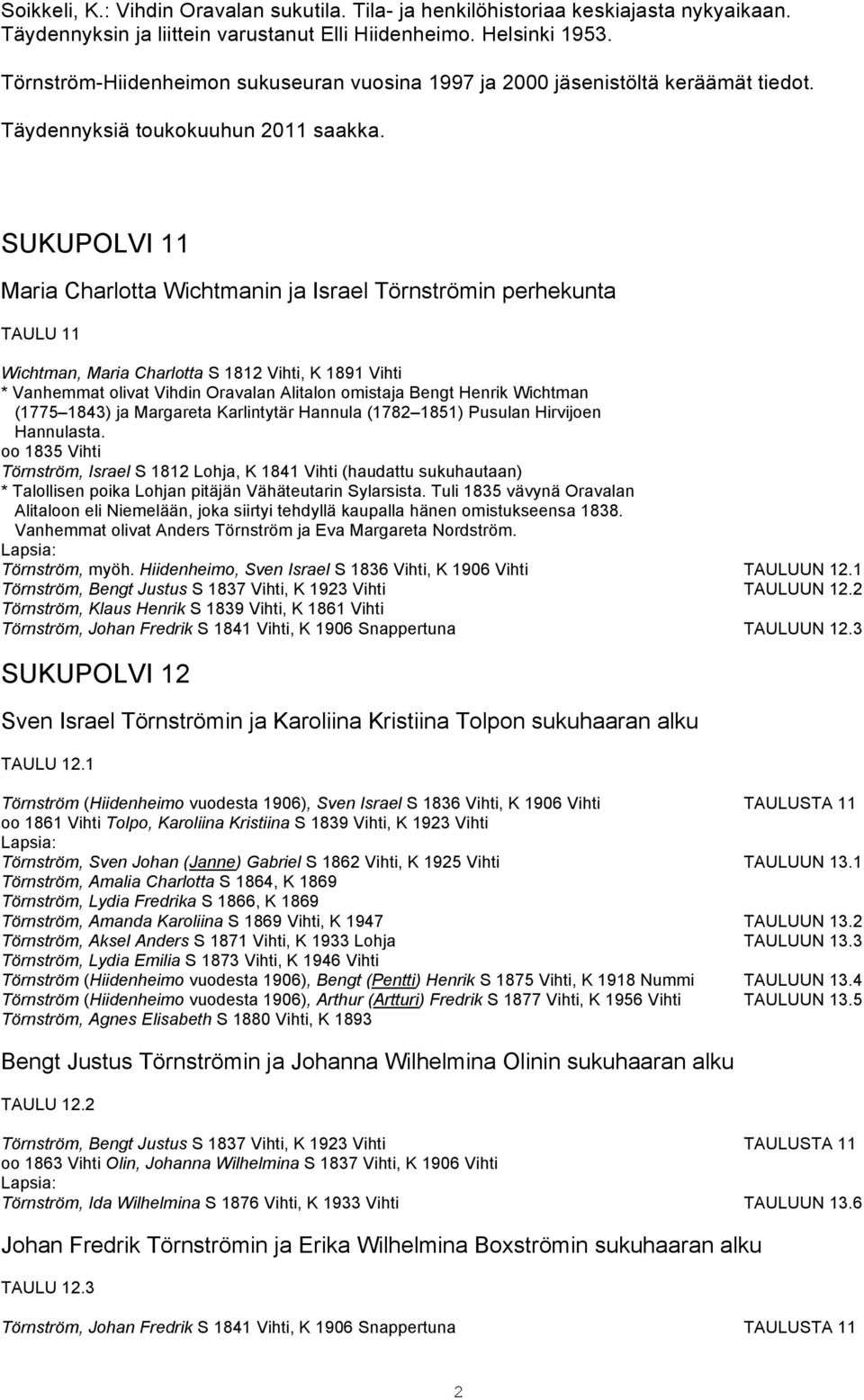 SUKUPOLVI 11 Maria Charlotta Wichtmanin ja Israel Törnströmin perhekunta TAULU 11 Wichtman, Maria Charlotta S 1812 Vihti, K 1891 Vihti * Vanhemmat olivat Vihdin Oravalan Alitalon omistaja Bengt
