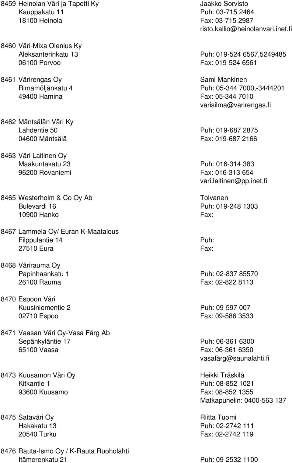 7010 varisilma@varirengas.fi 8462 Mäntsälän Väri Ky Lahdentie 50 019-687 2875 04600 Mäntsälä Fax: 019-687 2166 8463 Väri Laitinen Oy Maakuntakatu 23 016-314 383 96200 Rovaniemi Fax: 016-313 654 vari.