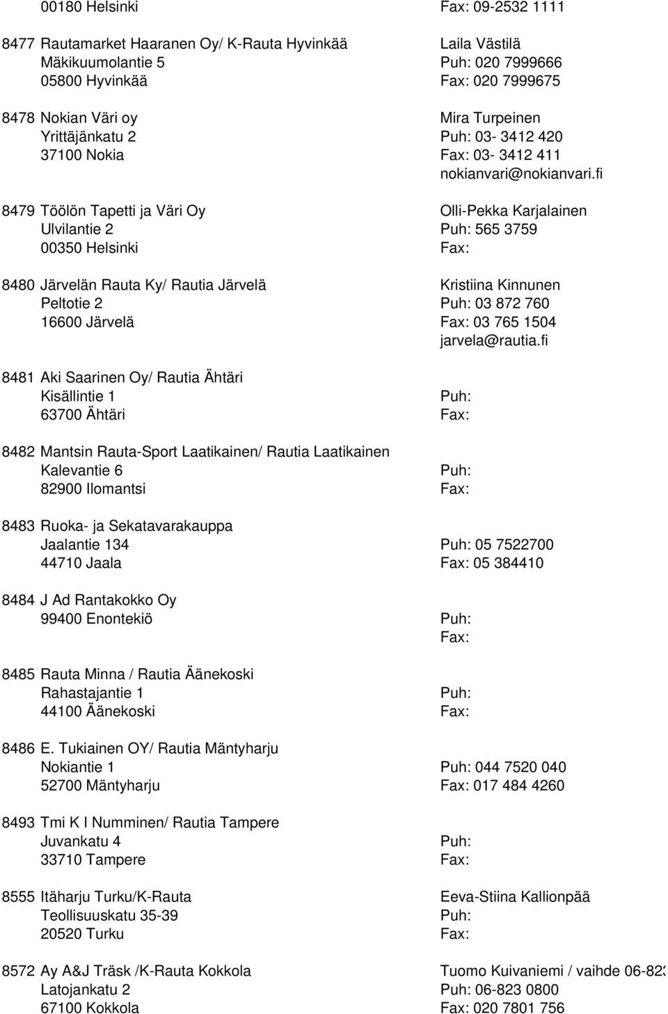 fi 8479 Töölön Tapetti ja Väri Oy Olli-Pekka Karjalainen Ulvilantie 2 565 3759 00350 Helsinki Fax: 8480 Järvelän Rauta Ky/ Rautia Järvelä Kristiina Kinnunen Peltotie 2 03 872 760 16600 Järvelä Fax: