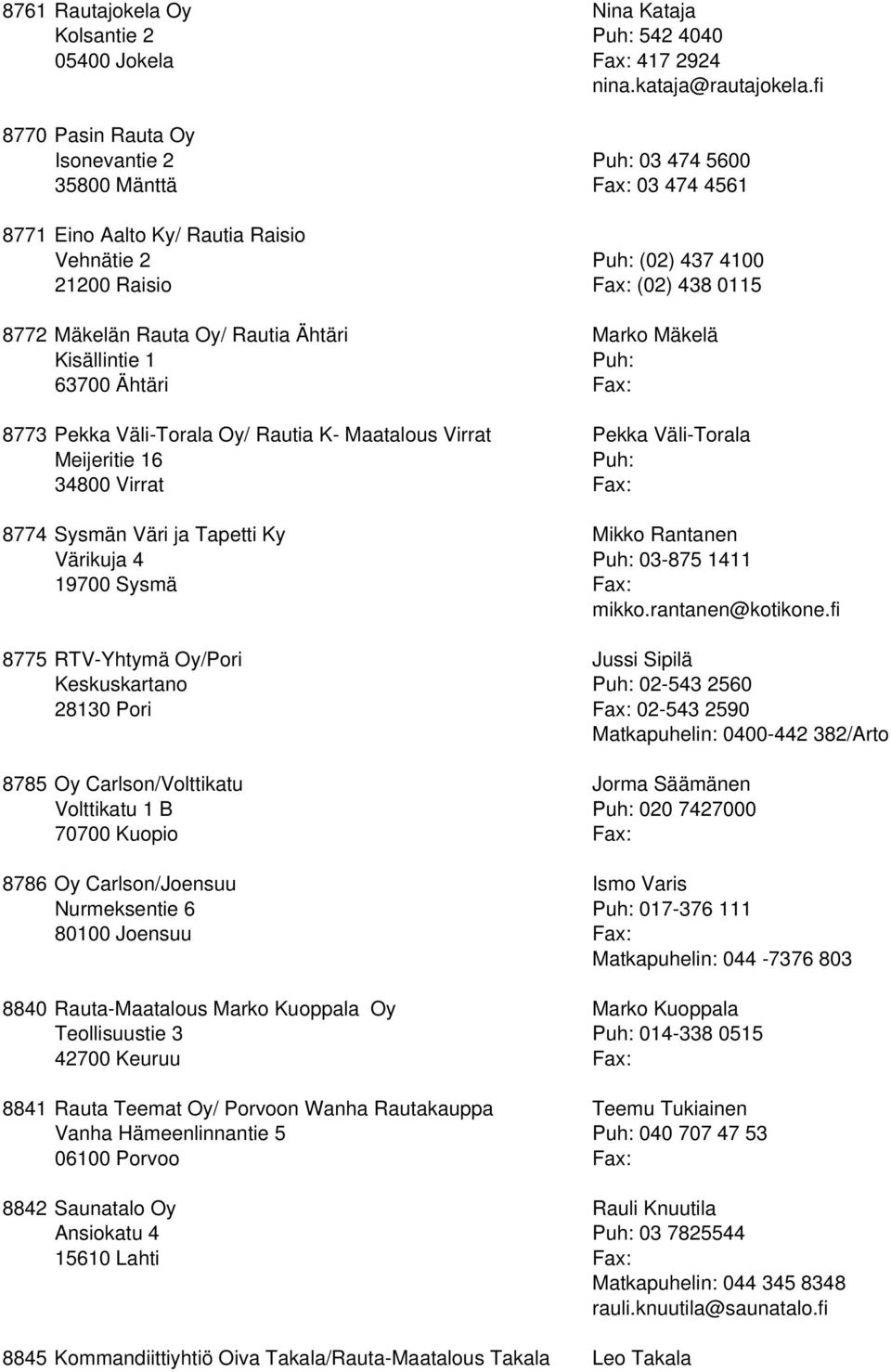 Ähtäri Marko Mäkelä Kisällintie 1 63700 Ähtäri Fax: 8773 Pekka Väli-Torala Oy/ Rautia K- Maatalous Virrat Pekka Väli-Torala Meijeritie 16 34800 Virrat Fax: 8774 Sysmän Väri ja Tapetti Ky Mikko
