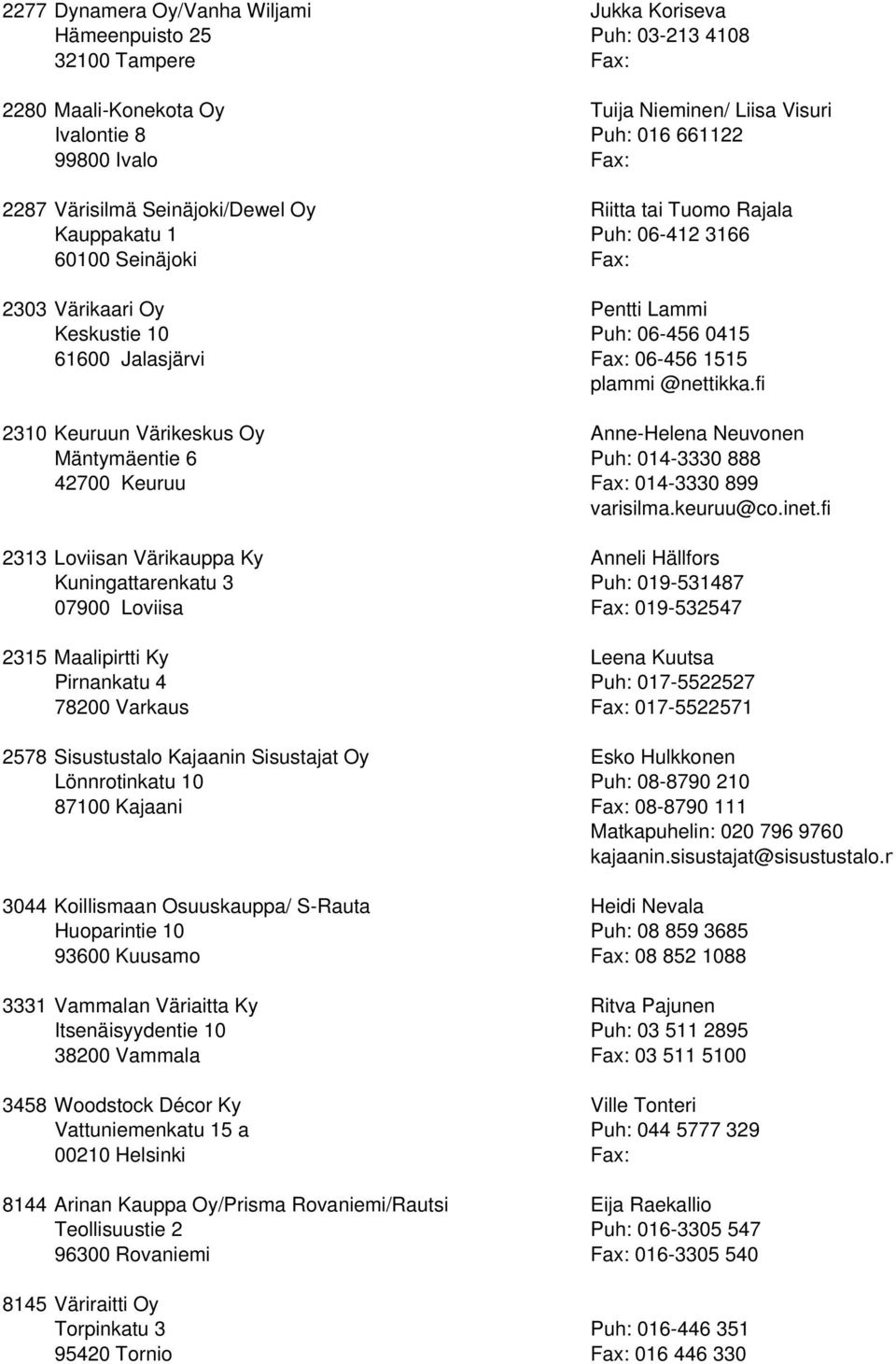 fi 2310 Keuruun Värikeskus Oy Anne-Helena Neuvonen Mäntymäentie 6 014-3330 888 42700 Keuruu Fax: 014-3330 899 varisilma.keuruu@co.inet.
