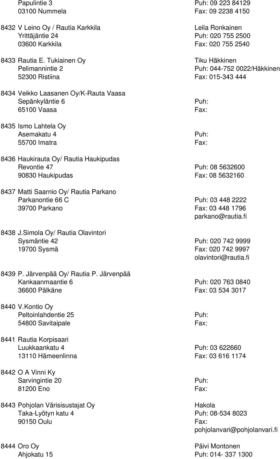 4 55700 Imatra Fax: 8436 Haukirauta Oy/ Rautia Haukipudas Revontie 47 08 5632600 90830 Haukipudas Fax: 08 5632160 8437 Matti Saarnio Oy/ Rautia Parkano Parkanontie 66 C 03 448 2222 39700 Parkano Fax: