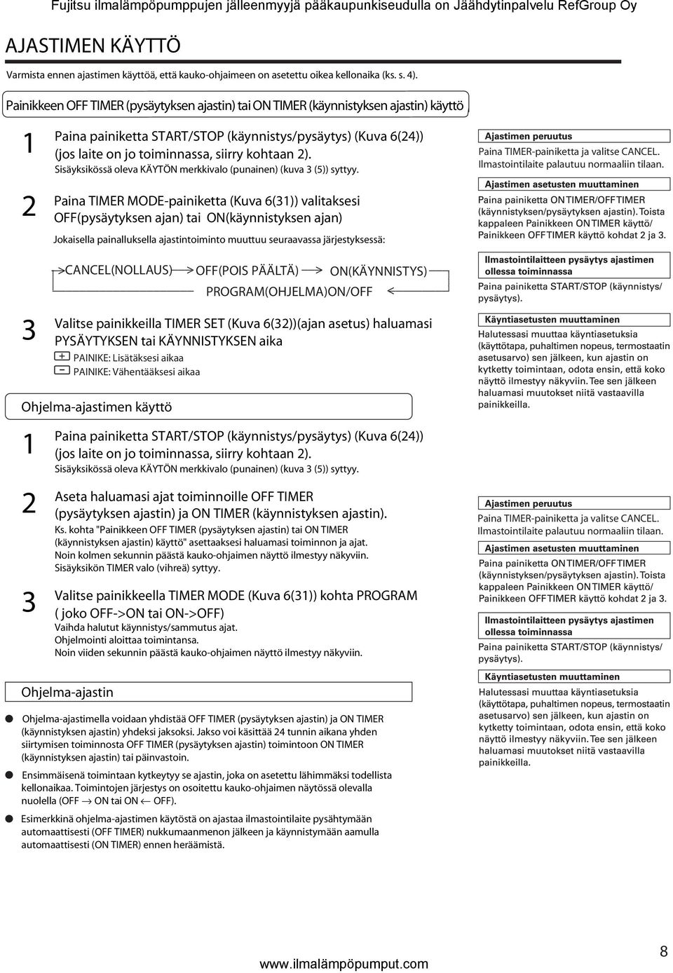 kohtaan 2). Sisäyksikössä oleva KÄYTÖN merkkivalo (punainen) (kuva 3 (5)) syttyy.