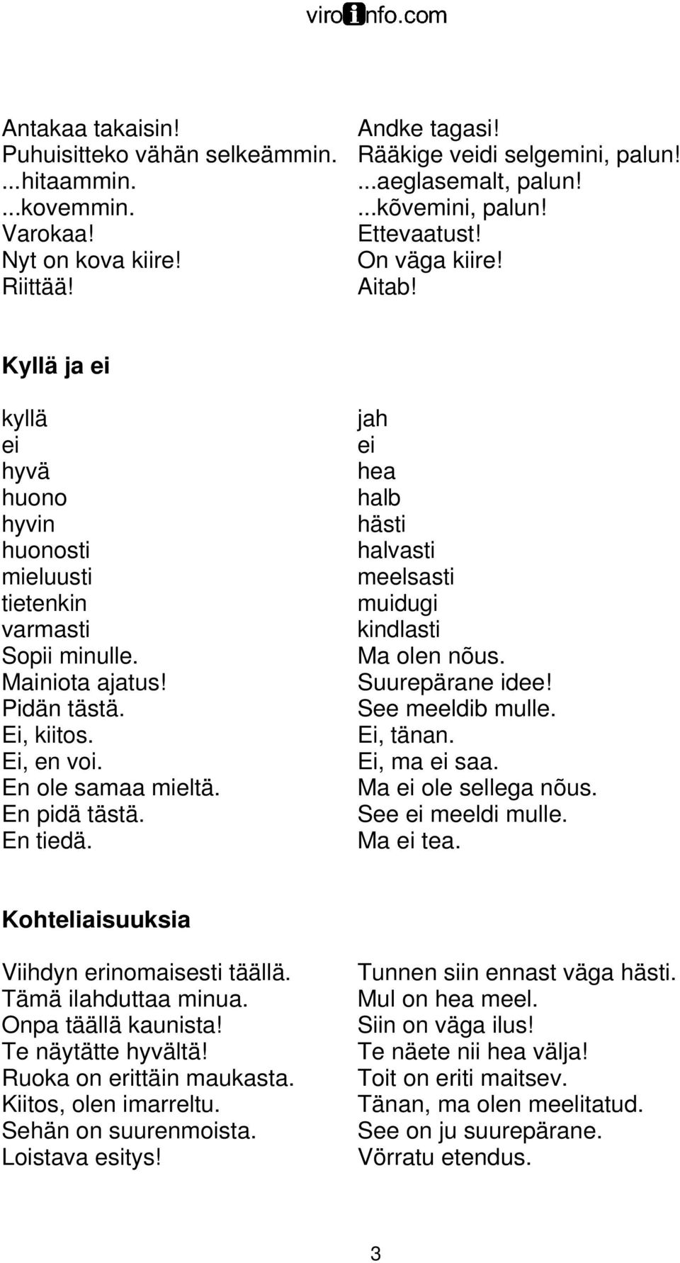 En pidä tästä. En tiedä. jah ei hea halb hästi halvasti meelsasti muidugi kindlasti Ma olen nõus. Suurepärane idee! See meeldib mulle. Ei, tänan. Ei, ma ei saa. Ma ei ole sellega nõus.