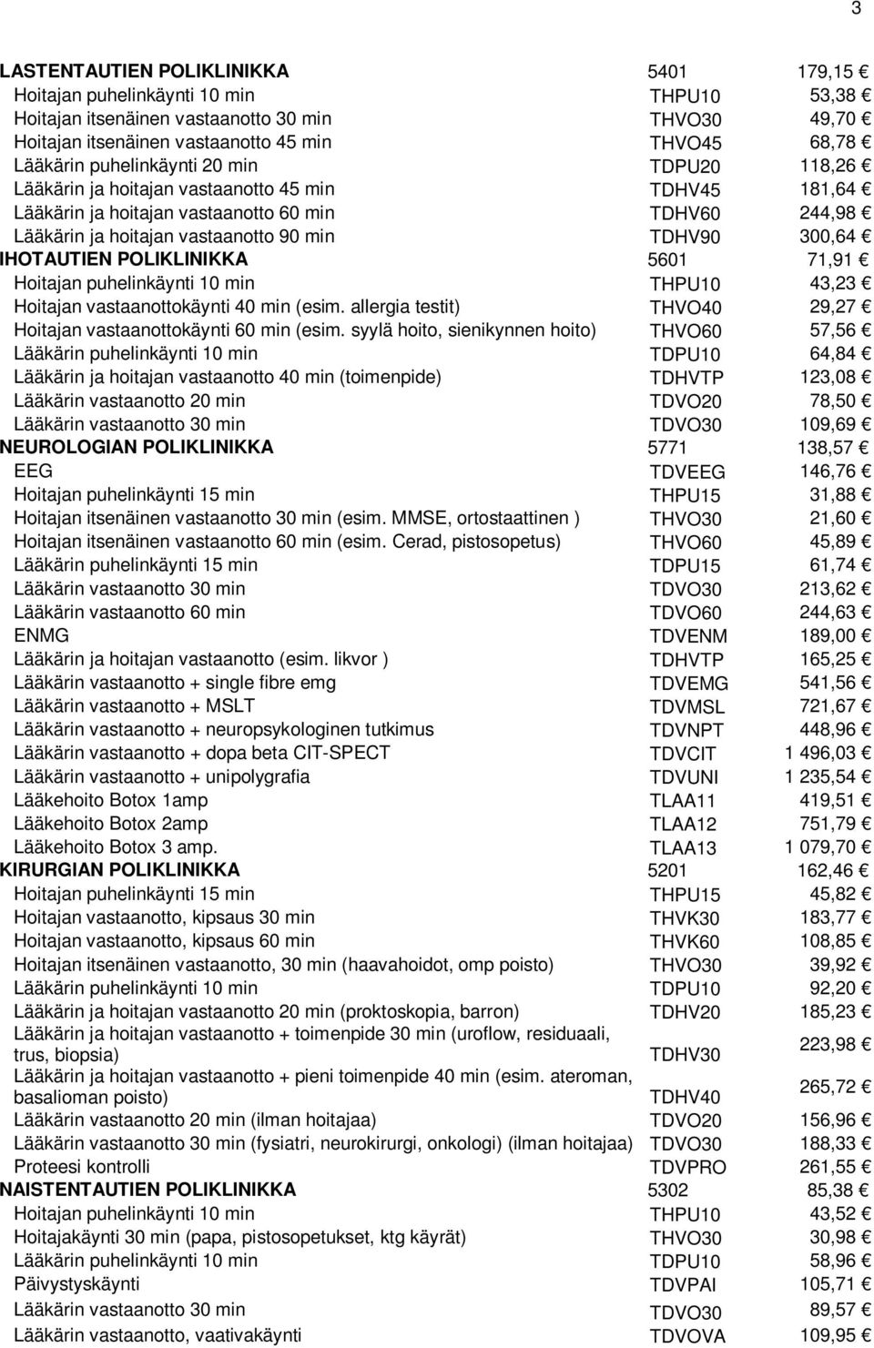 IHOTAUTIEN POLIKLINIKKA 5601 71,91 Hoitajan puhelinkäynti 10 min THPU10 43,23 Hoitajan vastaanottokäynti 40 min (esim. allergia testit) THVO40 29,27 Hoitajan vastaanottokäynti 60 min (esim.