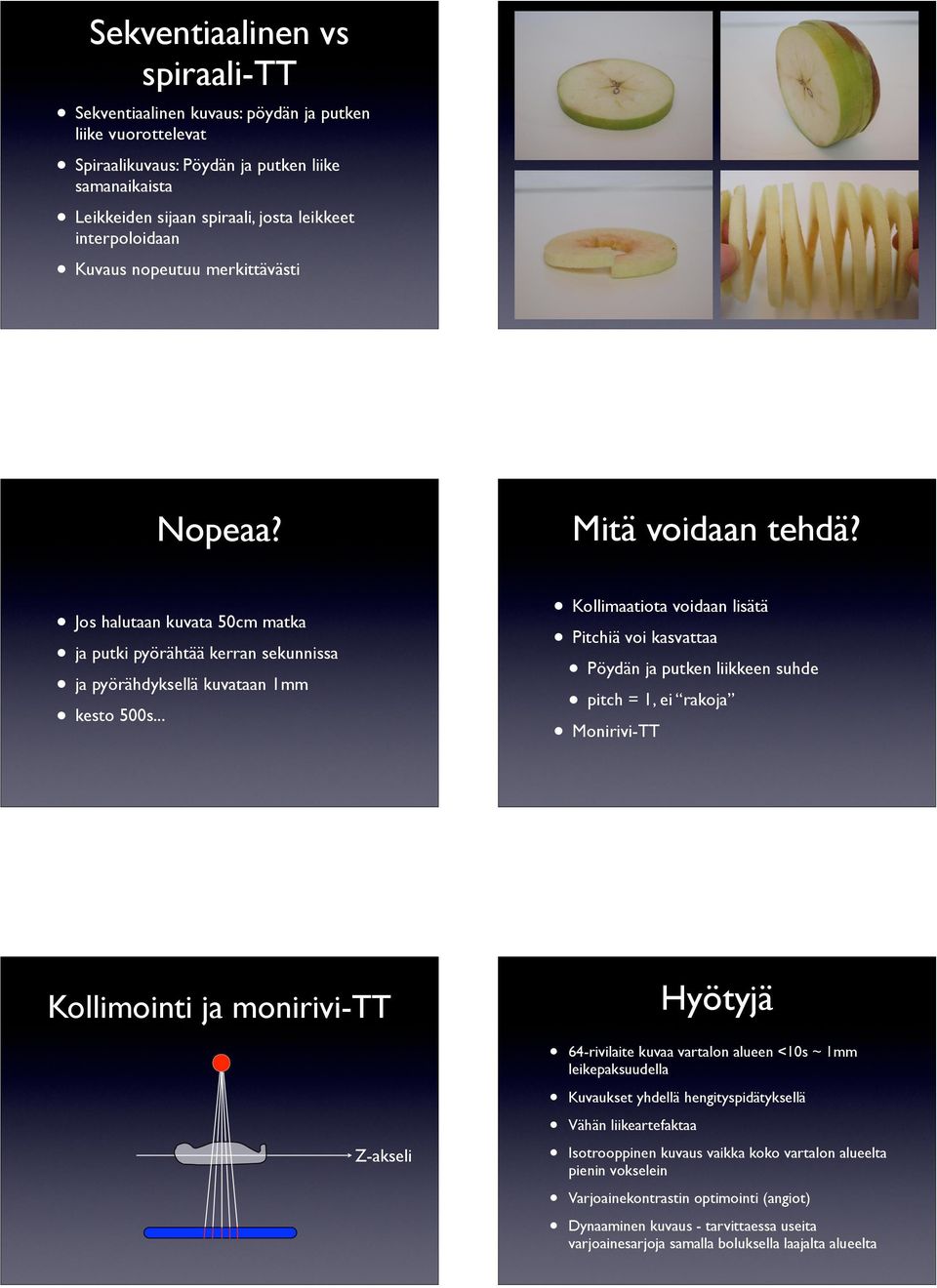 Kollimaatiota voidaan lisätä Pitchiä voi kasvattaa Pöydän ja putken liikkeen suhde pitch = 1, ei rakoja Monirivi-TT Kollimointi ja monirivi-tt Z-akseli Hyötyjä 64-rivilaite kuvaa vartalon alueen <10s