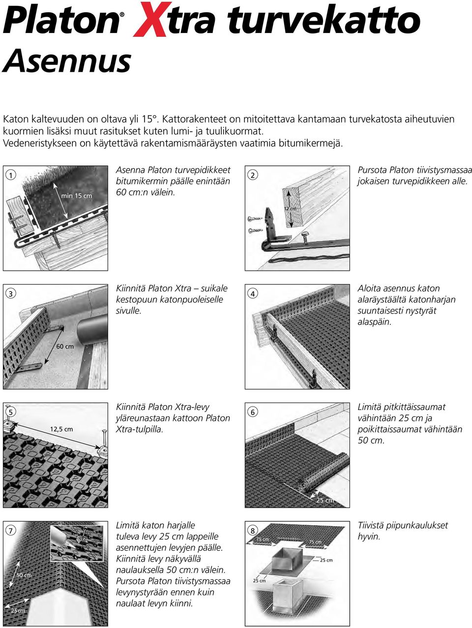 2 Pursota Platon tiivistysmassaa jokaisen turvepidikkeen alle. 12 cm 3 Kiinnitä Platon Xtra suikale kestopuun katonpuoleiselle sivulle.