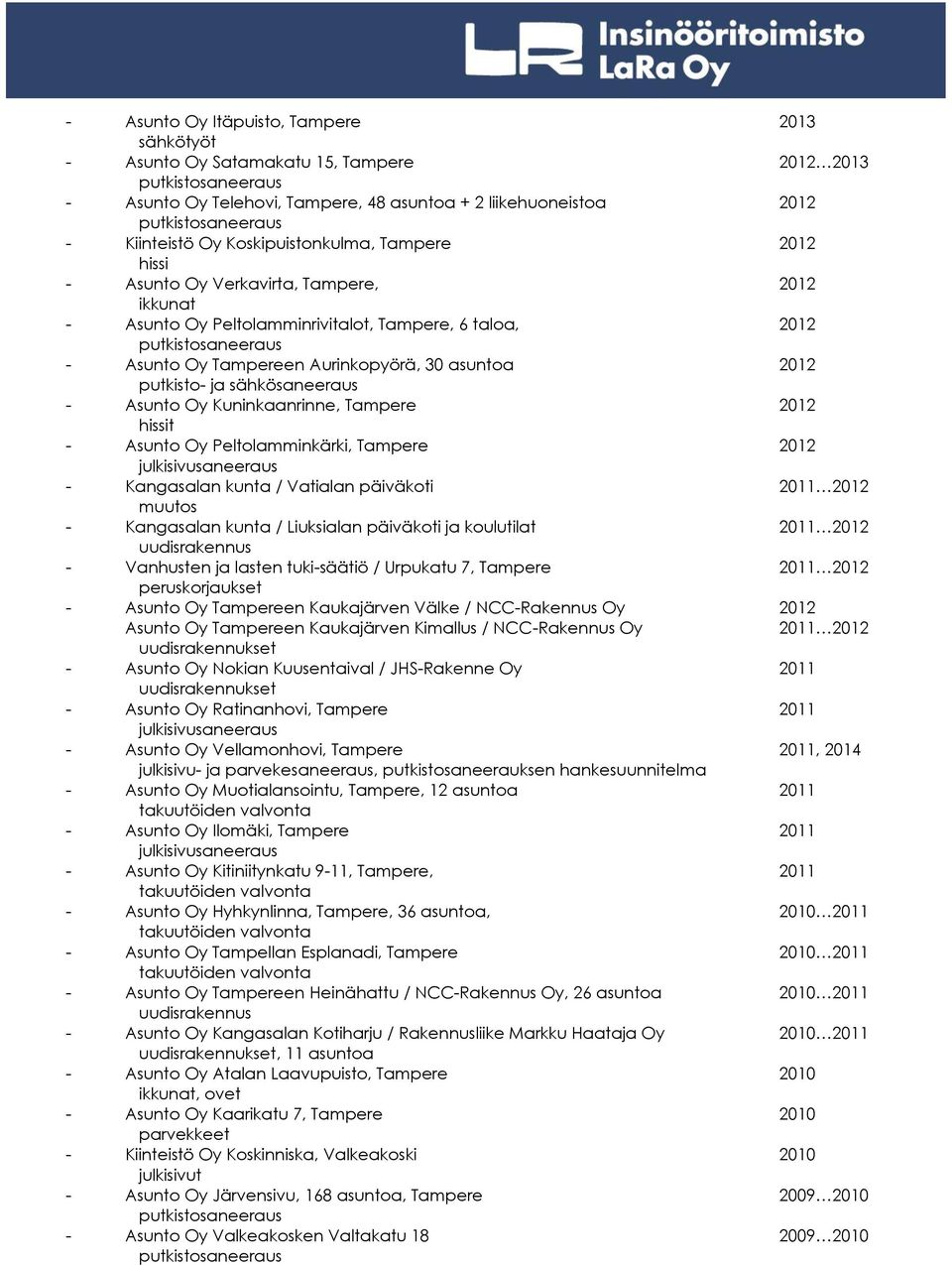 sähkösaneeraus - Asunto Oy Kuninkaanrinne, Tampere 2012 hissit - Asunto Oy Peltolamminkärki, Tampere 2012 - Kangasalan kunta / Vatialan päiväkoti 2011 2012 muutos - Kangasalan kunta / Liuksialan