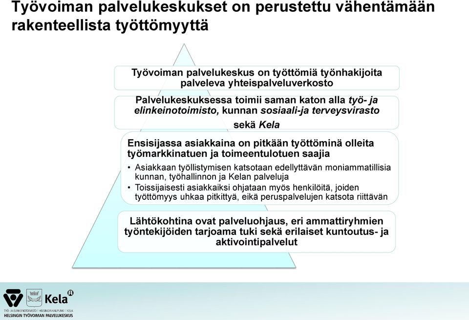 saajia Asiakkaan työllistymisen katsotaan edellyttävän moniammatillisia kunnan, työhallinnon ja Kelan palveluja Toissijaisesti asiakkaiksi ohjataan myös henkilöitä, joiden työttömyys