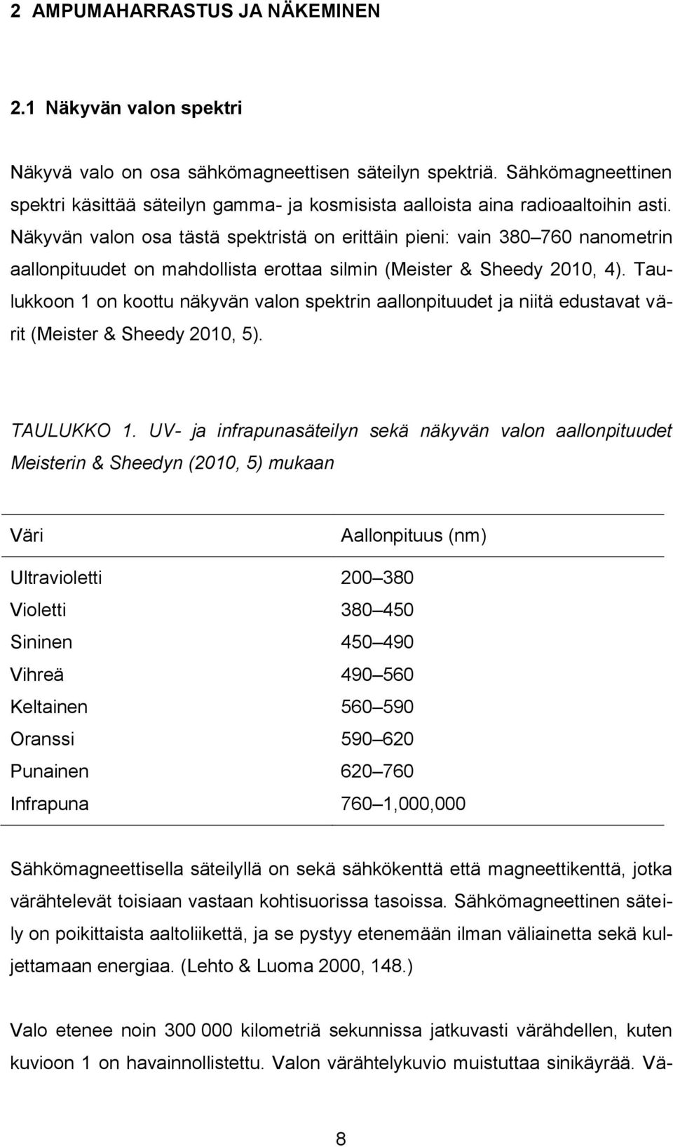 Näkyvän valon osa tästä spektristä on erittäin pieni: vain 380 760 nanometrin aallonpituudet on mahdollista erottaa silmin (Meister & Sheedy 2010, 4).