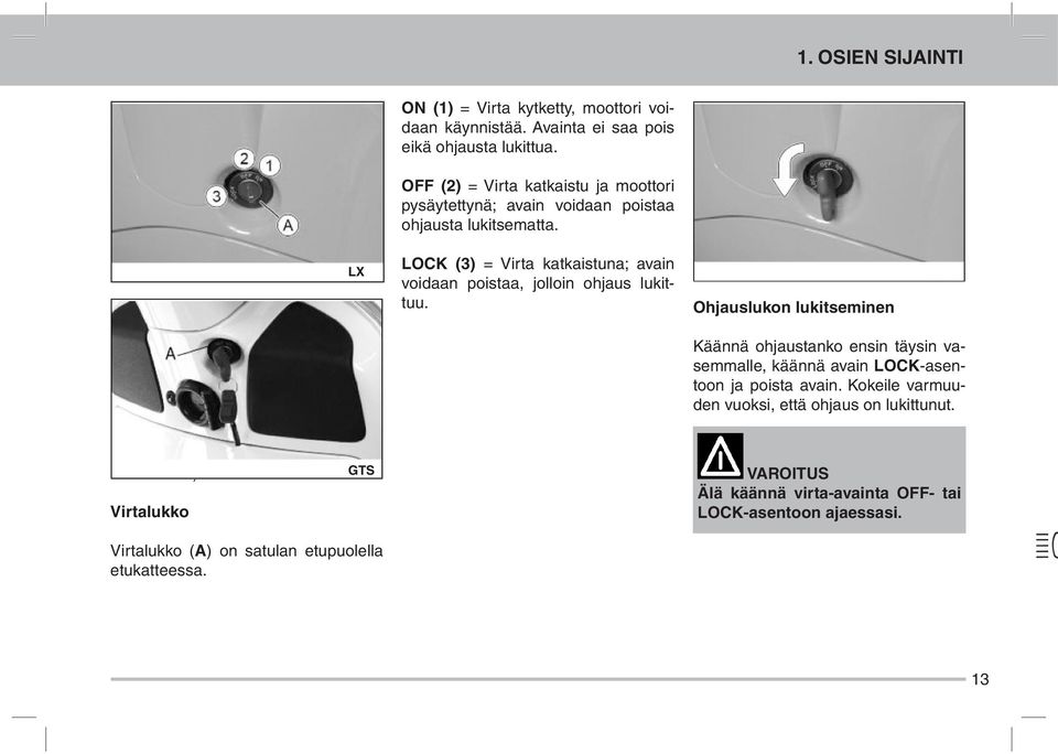 LOCK (3) = Virta katkaistuna; avain voidaan poistaa, jolloin ohjaus lukittuu.