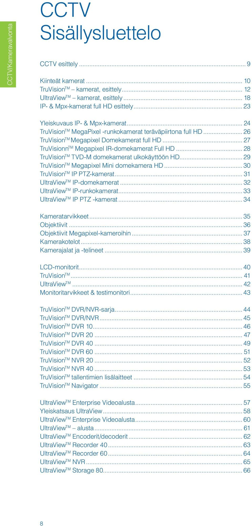 .. 27 TruVisionn TM Megapixel IR-domekamerat Full HD... 28 TruVision TM TVD-M domekamerat ulkokäyttöön HD... 29 TruVision TM Megapixel Mini domekamera HD... 30 TruVision TM IP PTZ-kamerat.