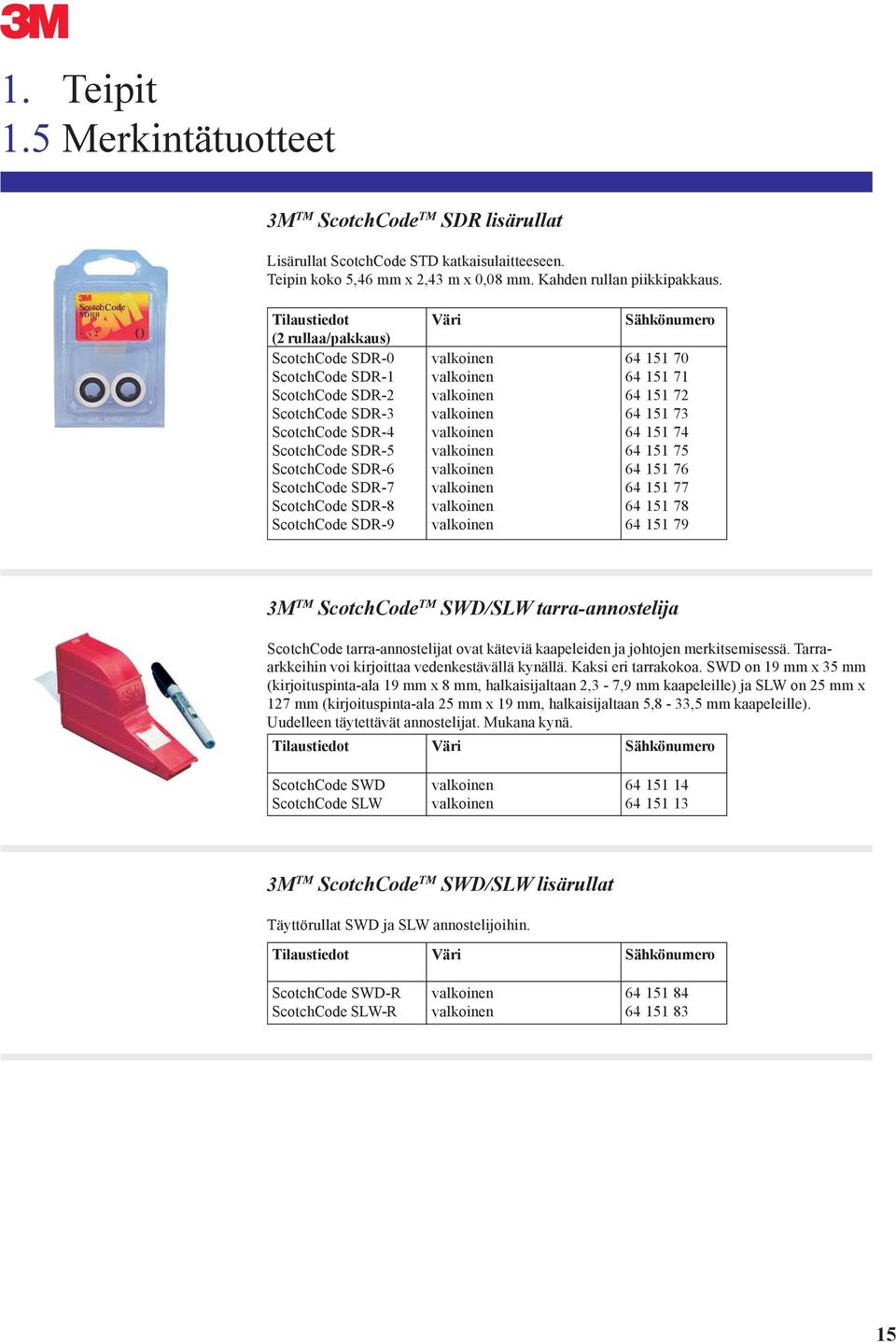 151 70 64 151 71 64 151 72 64 151 73 64 151 74 64 151 75 64 151 76 64 151 77 64 151 78 64 151 79 3M TM ScotchCode TM SWD/SLW tarra-annostelija ScotchCode tarra-annostelijat ovat käteviä kaapeleiden
