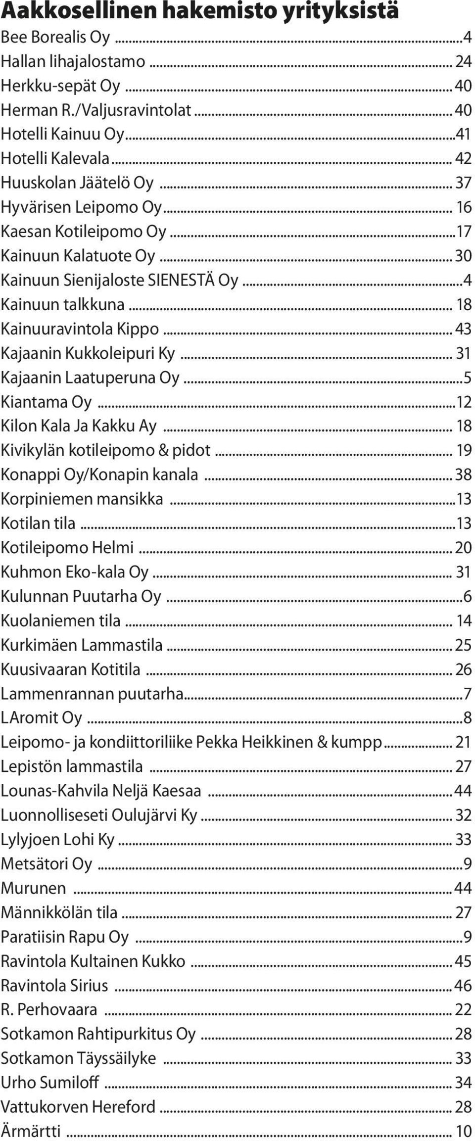 .. 43 Kajaanin Kukkoleipuri Ky... 31 Kajaanin Laatuperuna Oy...5 Kiantama Oy...12 Kilon Kala Ja Kakku Ay... 18 Kivikylän kotileipomo & pidot... 19 Konappi Oy/Konapin kanala... 38 Korpiniemen mansikka.