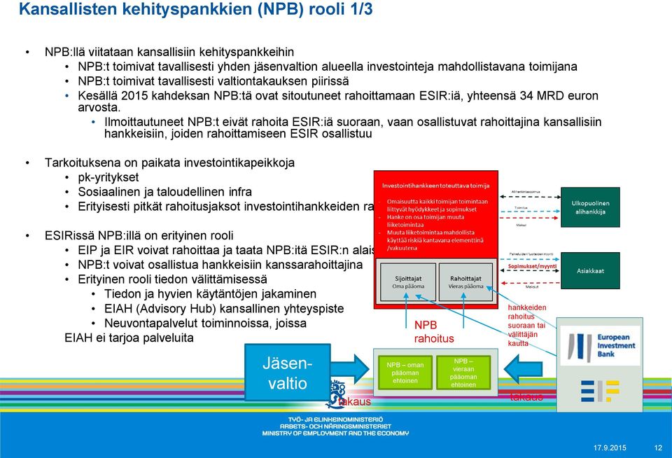 Ilmoittautuneet NPB:t eivät rahoita ESIR:iä suoraan, vaan osallistuvat rahoittajina kansallisiin hankkeisiin, joiden rahoittamiseen ESIR osallistuu Tarkoituksena on paikata investointikapeikkoja