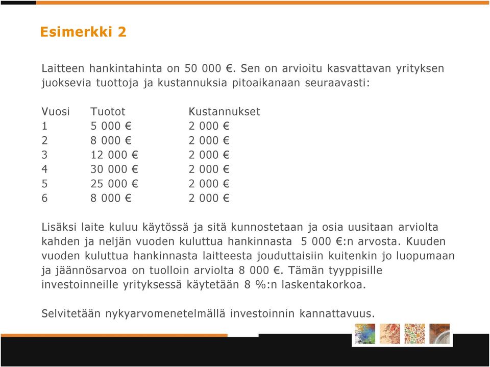 000 4 30 000 2 000 5 25 000 2 000 6 8 000 2 000 Lisäksi laite kuluu käytössä ja sitä kunnostetaan ja osia uusitaan arviolta kahden ja neljän vuoden kuluttua