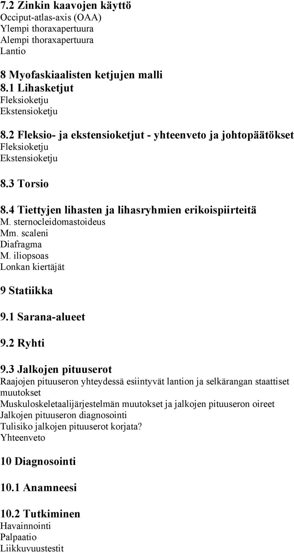 scaleni Diafragma M. iliopsoas Lonkan kiertäjät 9 Statiikka 9.1 Sarana-alueet 9.2 Ryhti 9.