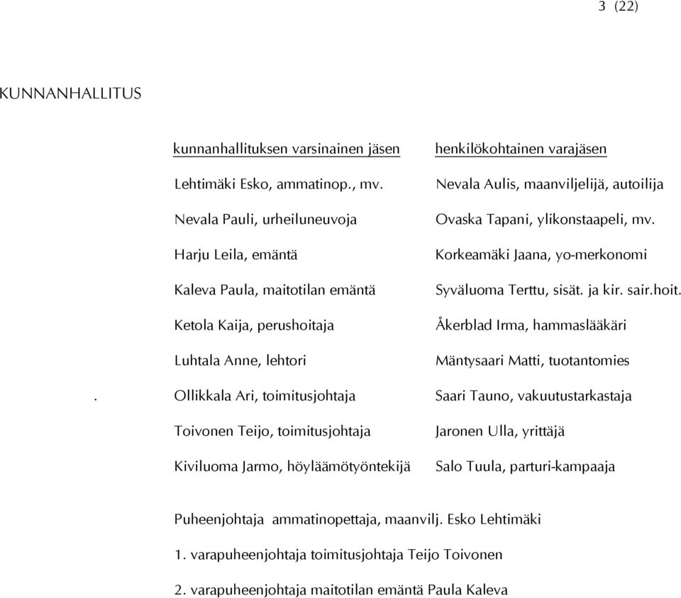 ylikonstaapeli, mv. Korkeamäki Jaana, yo-merkonomi Syväluoma Terttu, sisät. ja kir. sair.hoit. Åkerblad Irma, hammaslääkäri Mäntysaari Matti, tuotantomies.