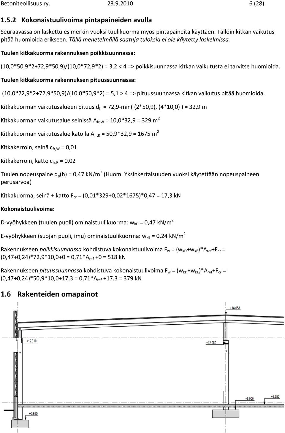 Tuulen kitkakuorma rakennuksen poikkisuunnassa: (10,0*50,9*2+72,9*50,9)/(10,0*72,9*2) = 3,2 < 4 => poikkisuunnassa kitkan vaikutusta ei tarvitse huomioida.