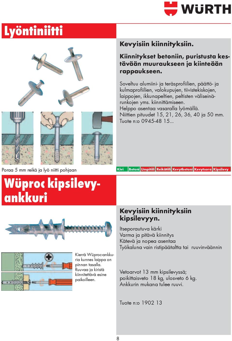 Helppo asentaa vasaralla lyömällä. Niittien pituudet 15, 21, 26, 36, 40 ja 50 mm. Tuote n:o 0945-48 15.