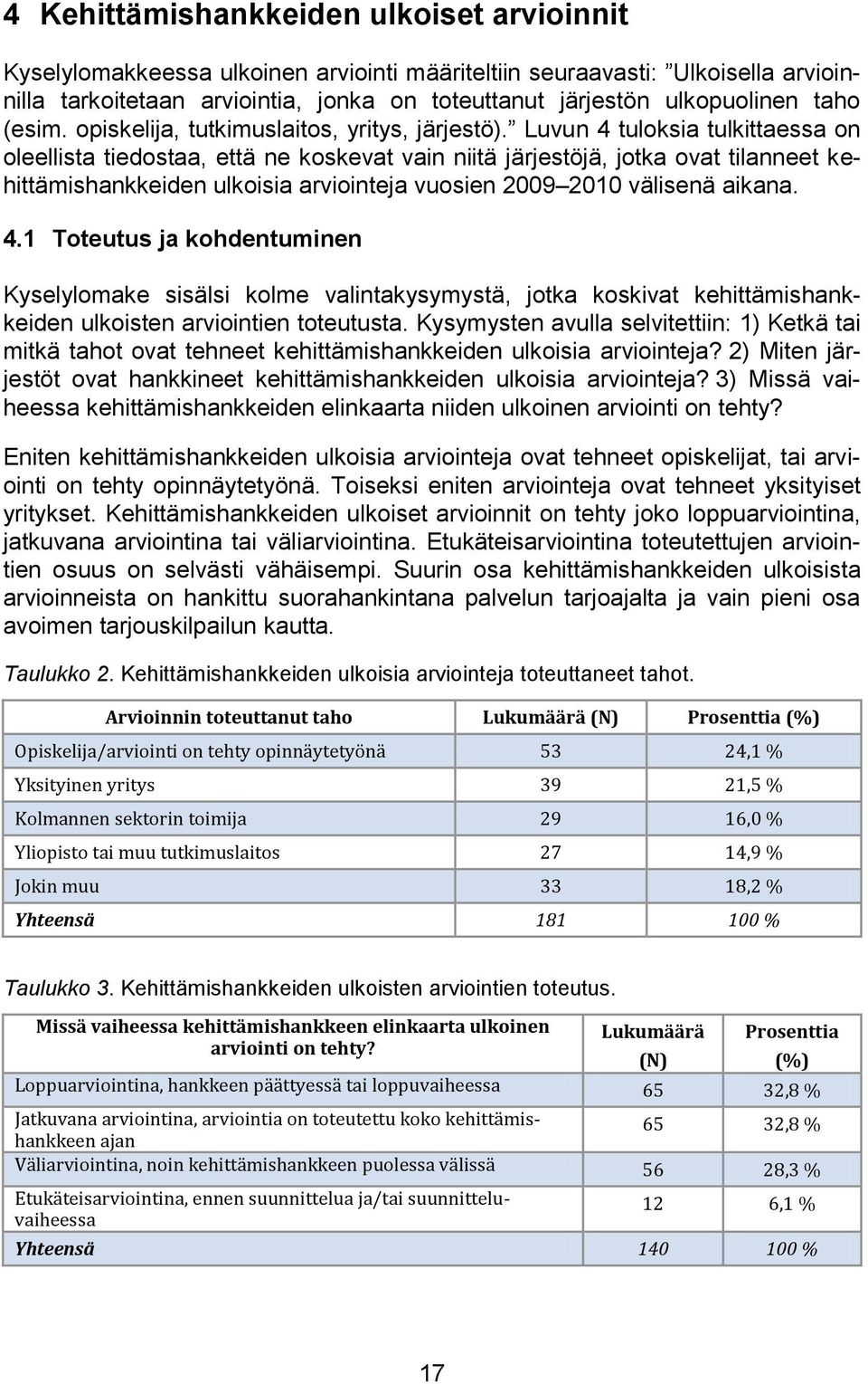 Luvun 4 tuloksia tulkittaessa on oleellista tiedostaa, että ne koskevat vain niitä järjestöjä, jotka ovat tilanneet kehittämishankkeiden ulkoisia arviointeja vuosien 2009 2010 välisenä aikana. 4.1 Toteutus ja kohdentuminen Kyselylomake sisälsi kolme valintakysymystä, jotka koskivat kehittämishankkeiden ulkoisten arviointien toteutusta.