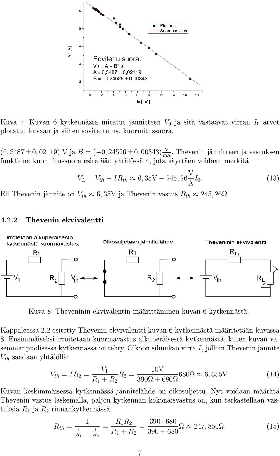Thevenin jännitteen ja vastuksen ma funktiona kuormitussuora esitetään yhtälössä 4, jota käyttäen voidaan merkitä V L = V th I th 6, 35V 45, 6 V A I 0.