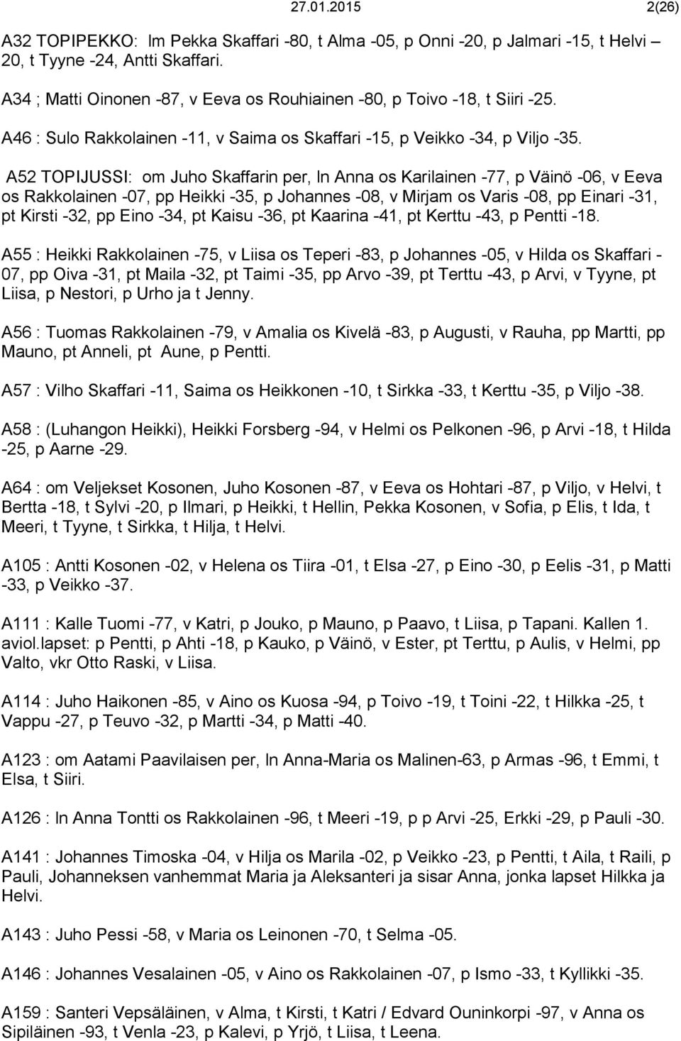 A52 TOPIJUSSI: om Juho Skaffarin per, ln Anna os Karilainen -77, p Väinö -06, v Eeva os Rakkolainen -07, pp Heikki -35, p Johannes -08, v Mirjam os Varis -08, pp Einari -31, pt Kirsti -32, pp Eino