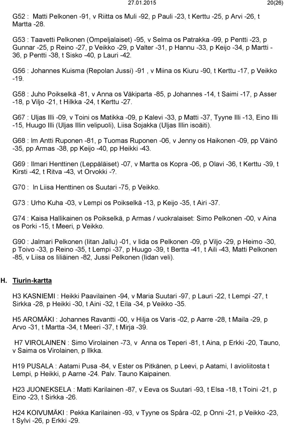 Sisko -40, p Lauri -42. G56 : Johannes Kuisma (Repolan Jussi) -91, v Miina os Kiuru -90, t Kerttu -17, p Veikko -19.