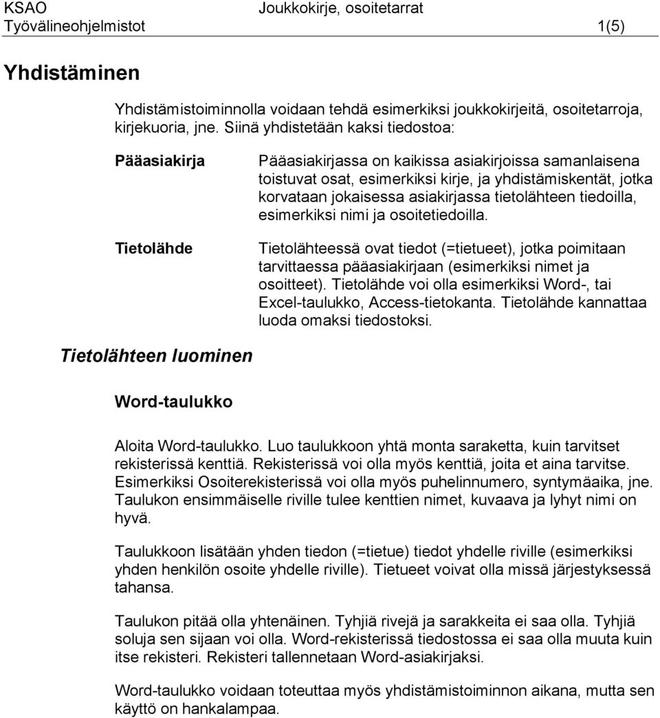 asiakirjassa tietolähteen tiedoilla, esimerkiksi nimi ja osoitetiedoilla. Tietolähteessä ovat tiedot (=tietueet), jotka poimitaan tarvittaessa pääasiakirjaan (esimerkiksi nimet ja osoitteet).