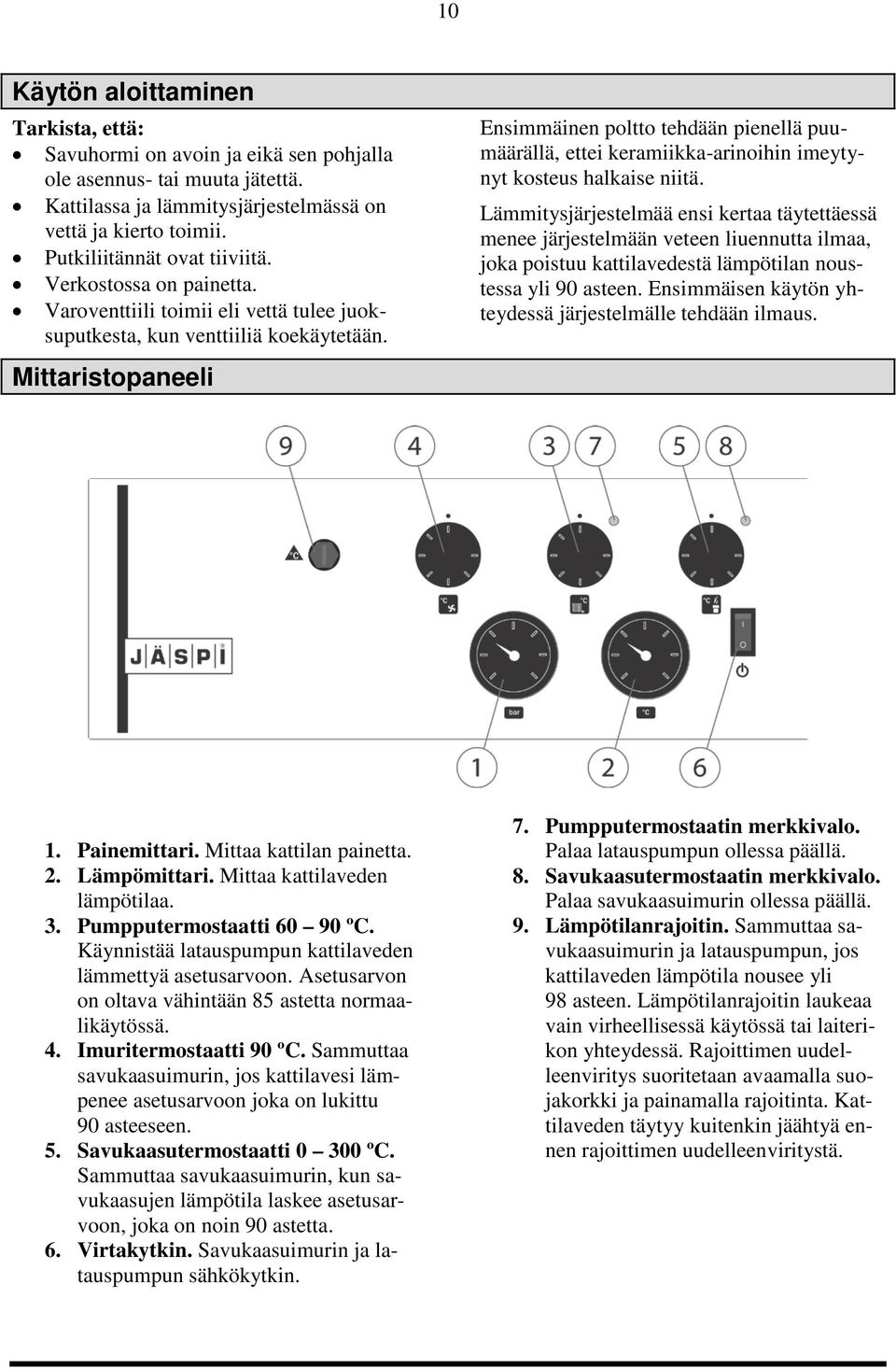 Mittaristopaneeli Ensimmäinen poltto tehdään pienellä puumäärällä, ettei keramiikka-arinoihin imeytynyt kosteus halkaise niitä.