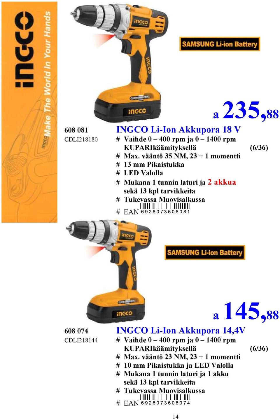 EAN 6 9 2 8 0 7 3 6 0 8 0 8 1 608 074 INGCO Li-Ion Akkupora 14,4V CDLI218144 14 a 145,88 # Vaihde 0 400 rpm ja 0 1400 rpm KUPARIkäämityksellä (6/36) #