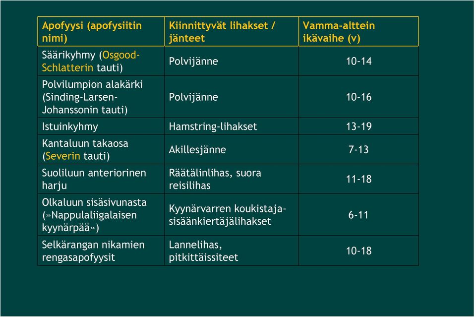 nikamien rengasapofyysit Kiinnittyvät lihakset / jänteet Polvijänne Polvijänne Hamstring-lihakset Akillesjänne Räätälinlihas, suora