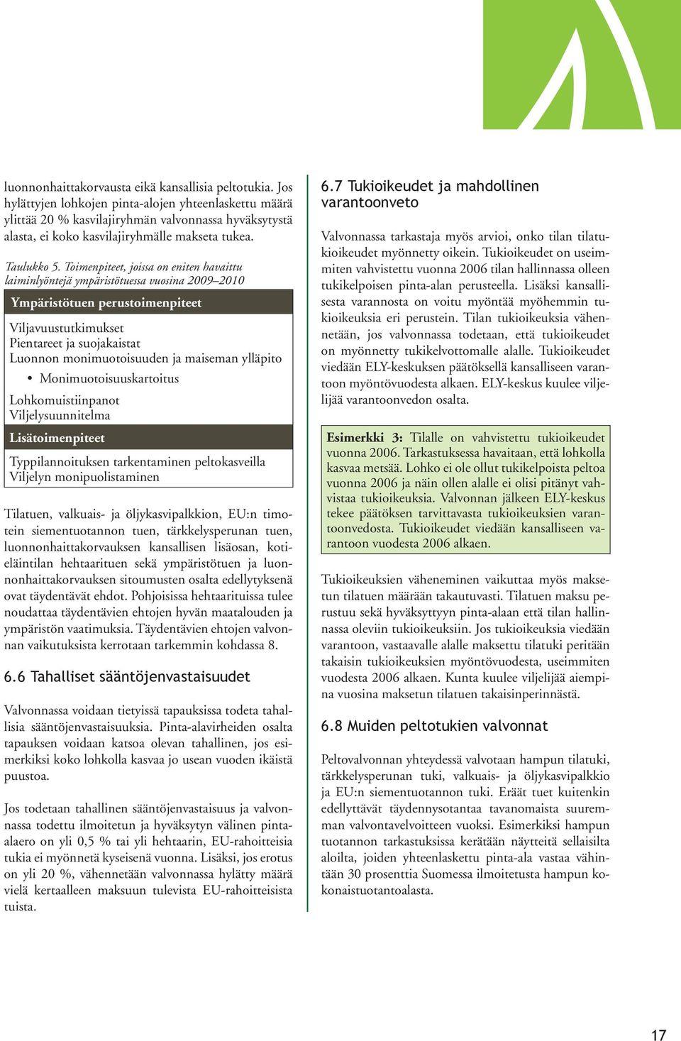 Toimenpiteet, joissa on eniten havaittu laiminlyöntejä ympäristötuessa vuosina 2009 2010 Ympäristötuen perustoimenpiteet Viljavuustutkimukset Pientareet ja suojakaistat Luonnon monimuotoisuuden ja