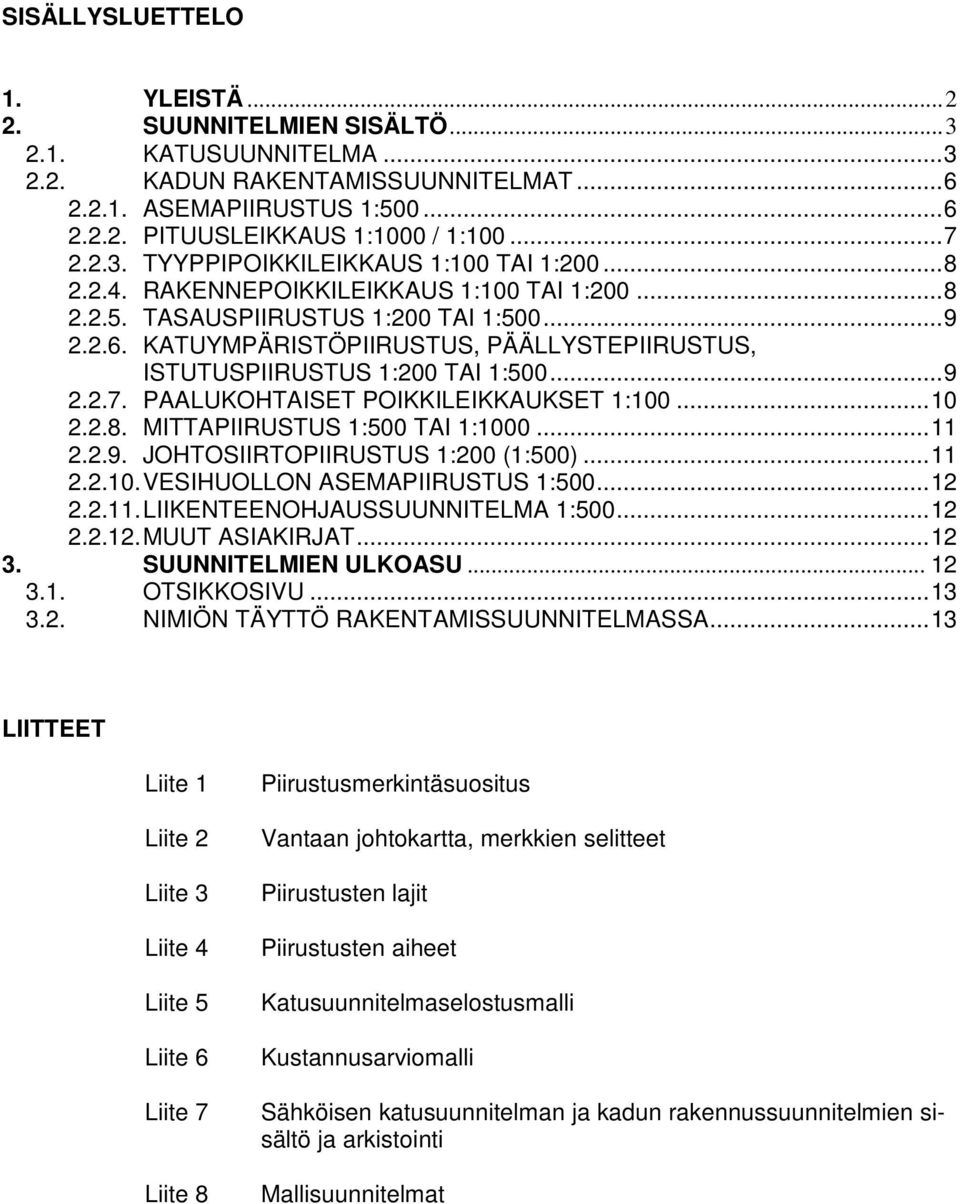 KATUYMPÄRISTÖPIIRUSTUS, PÄÄLLYSTEPIIRUSTUS, ISTUTUSPIIRUSTUS 1:200 TAI 1:500... 9 2.2.7. PAALUKOHTAISET POIKKILEIKKAUKSET 1:100... 10 2.2.8. MITTAPIIRUSTUS 1:500 TAI 1:1000... 11 2.2.9. JOHTOSIIRTOPIIRUSTUS 1:200 (1:500).